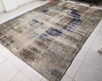 Large 8.8x12.2 Blue Turkish Wool Rug, Faded Bohemian Style