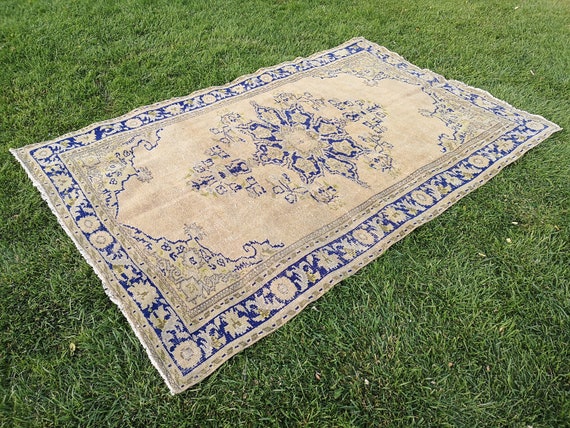 ブルーヴィンテージトルコウールラグ、オリエンタルトライバルデザイン