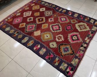 Red Turkish Kilim Rug (5.6 x 7.5 ft), Vintage Decor Rug
