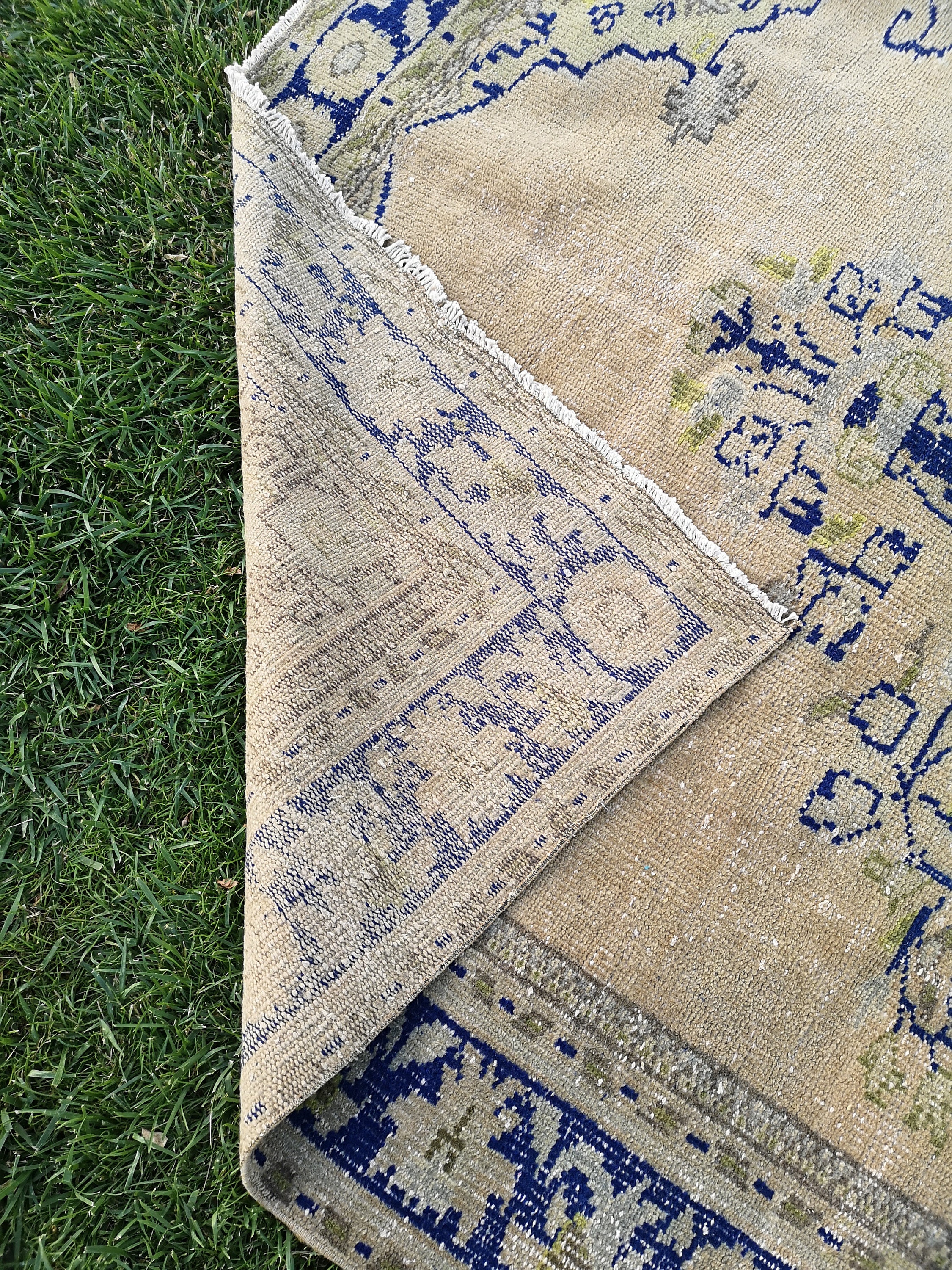 ブルーヴィンテージトルコウールラグ、オリエンタルトライバルデザイン