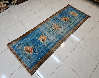 Tappeto da corridoio turco blu, motivo floreale vintage (73 x 200 cm)