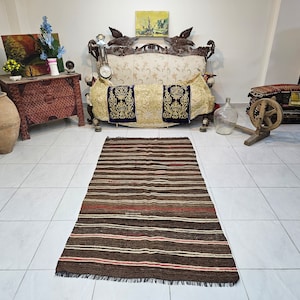 Turkish kilim rug 3.7 x 7 ft Tribal kilim rug 4x7 Striped kilim rug Turkish rug for living room Handmade kilim rug Brown vintage kilim rug