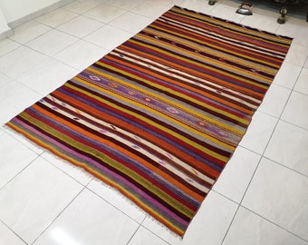Vintage Turkish Kilim Rug, 5.3 x 8.9 ft, Handcrafted Wool Striped Rug