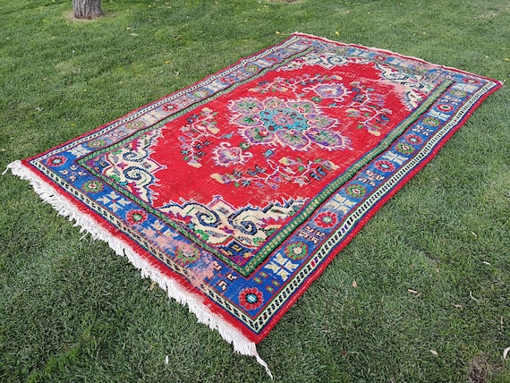 赤いトルコ絨毯、6.7 x 10.7フィートの絨毯、リビングルーム用絨毯