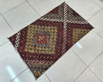 Vintage Turkish Kilim Rug, Red Colorful Small Rug (2.2 x 3.4 ft)