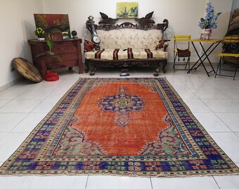 オレンジ色のトルコ絨毯（5.4x7.8フィート）：ヴィンテージウールの