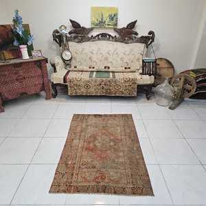 ヴィンテージ トルコ製エリアラグ - 3x7 ネイビーブルー フローラル