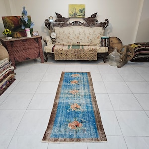 Blue runner rug 2.4 x 6.4 ft Turkish runner rug Blue hallway runner Turkish rug for living room Bohemian runner rug Turkish vintage carpet