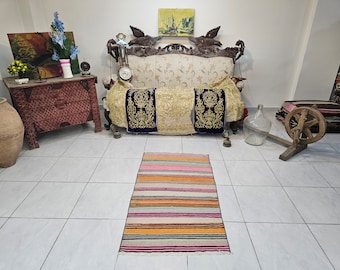 Small Turkish Kilim Rug, Old Pink Wool (2.4 x 4.3 ft)