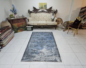 Distressed Blue Wool Rug, Vintage Abstract Bohemian Decor (3.8 x 6.7 ft)