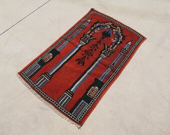 Red Turkish rug 2.1 x 3.3 ft Small red rug Turkish vintage rug Small Turkish rug Red rug for living room Handmade wool rug Red door mat rug