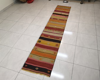 Orange Kilim Runner Rug, Handmade Turkish Wool Rug (1.7 x 8.7 ft)