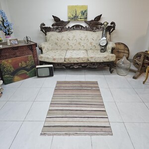 2.9 x 4.6 ft Handwoven Turkish Kilim, Small Vintage Rug with Stripes, Flatweave in Blue Orange Red Tones, Rustic Tribal Area Rug for Décor