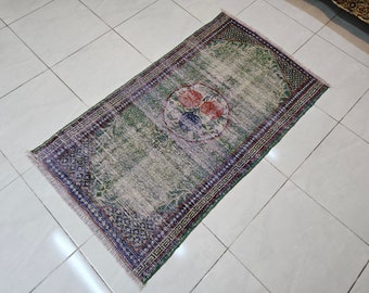 Vintage Green Turkish Rug, Handmade Wool Carpet (2.7 x 4.6 ft)