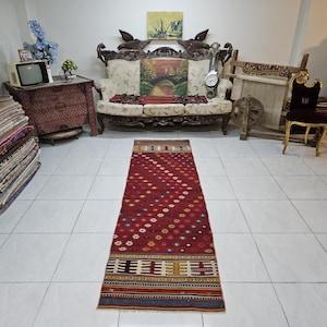 2.4 x 8.4 ft Turkish Long Red Kilim Runner Rug with Tribal Geometric Patterns – Handwoven Wool Hallway Rug for Rustic and Boho Home Decor
