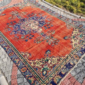 6.2 x 9.4 ft Vintage area rugs for living room 6x9 Floral orange wool area rug 6x9 Colorful accent bedroom rug 6x9 Turkish living room rug
