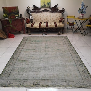 Green vintage rug 6.2 x 9.3 ft Faded green rug Green Turkish rug Rug for living room Turkish vintage rug Wool green rug Green bedroom rug