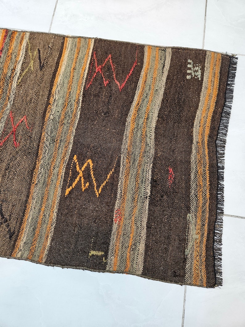 Small kilim rug 2 x 4.3 ft Orange striped rug Old rug for living room Handmade wool rug Turkish kilim rug Brown kilim rug Small brown rug image 8