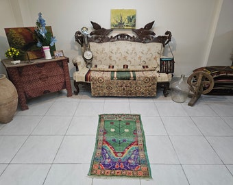 Handwoven Green Wool Rug, Vintage Turkish Decor (2x3.7 ft)
