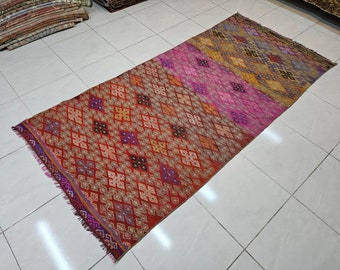 Orange Turkish Kilim Rug, Handmade Wool Area Rug (3.8 x 7.9 ft)