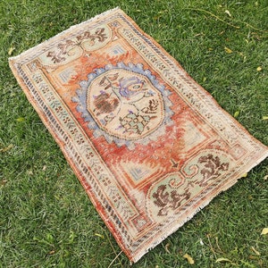 2.4 x 3.7 ft Small orange floral bathroom rug Orange bath mat rug Small Turkish bedroom rug Orange vintage decor rug Miniature orange rug