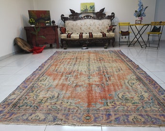 Large Vintage Turkish Rug, Orange Anatolian Rug (6.2 x 10.6 ft)