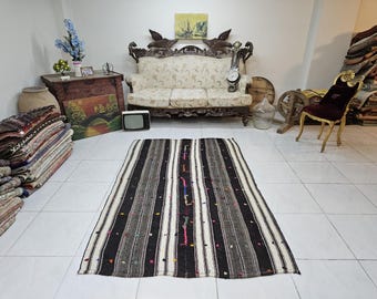 Alfombra Kilim turca vintage, tejida a mano, con decoración bohemia a rayas (1,3 x 2 m)