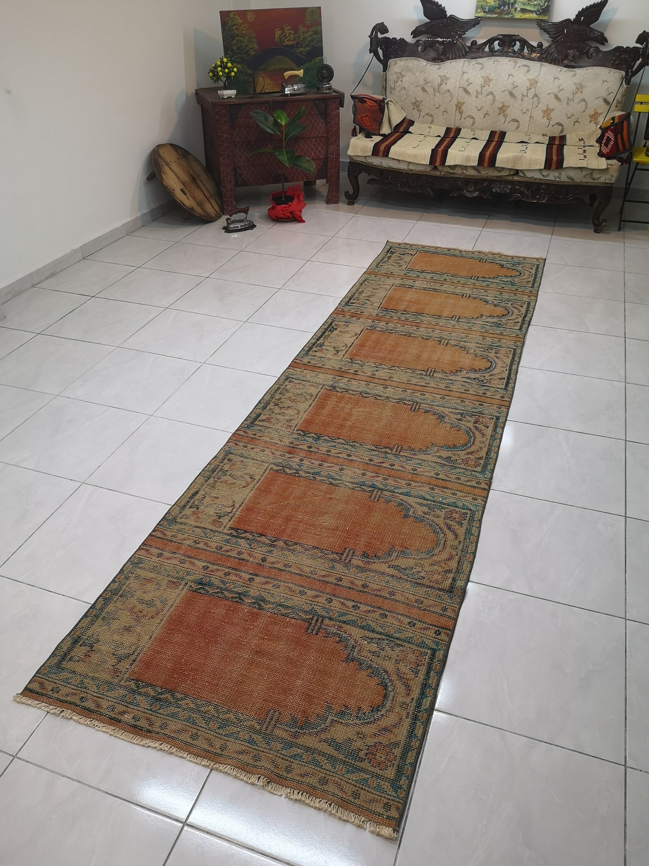 オレンジのランナーラグ 3.3 x 11.5 フィート トルコ製廊下用ランナー 