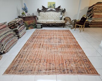 Large Distressed Vintage Rug, Burnt Orange Ornamental Area Rug (6.8 x 10.4 ft)
