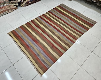Red Striped Turkish Kilim Rug, Vintage Wool (4.3 x 6.8 ft)