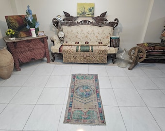 Handwoven Turkish Rug, Small Green Vintage Mat (2 x 4.4 ft)