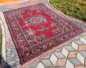 Red Vintage Turkish Oushak Wool Rug, Large Area Rug (6.8 x 9.8 ft)