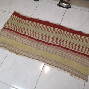 4 x 1.8 ft Small Turkish kilim rug Turkish kilim rug for living room White striped kilim rug Red and green kilim rug Handmade wool kilim rug