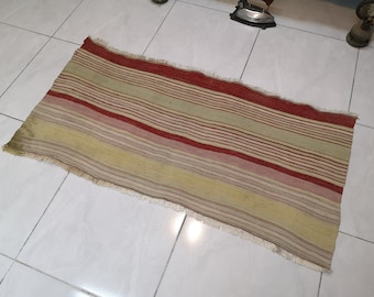 4 x 1.8 ft Small Turkish kilim rug Turkish kilim rug for living room White striped kilim rug Red and green kilim rug Handmade wool kilim rug