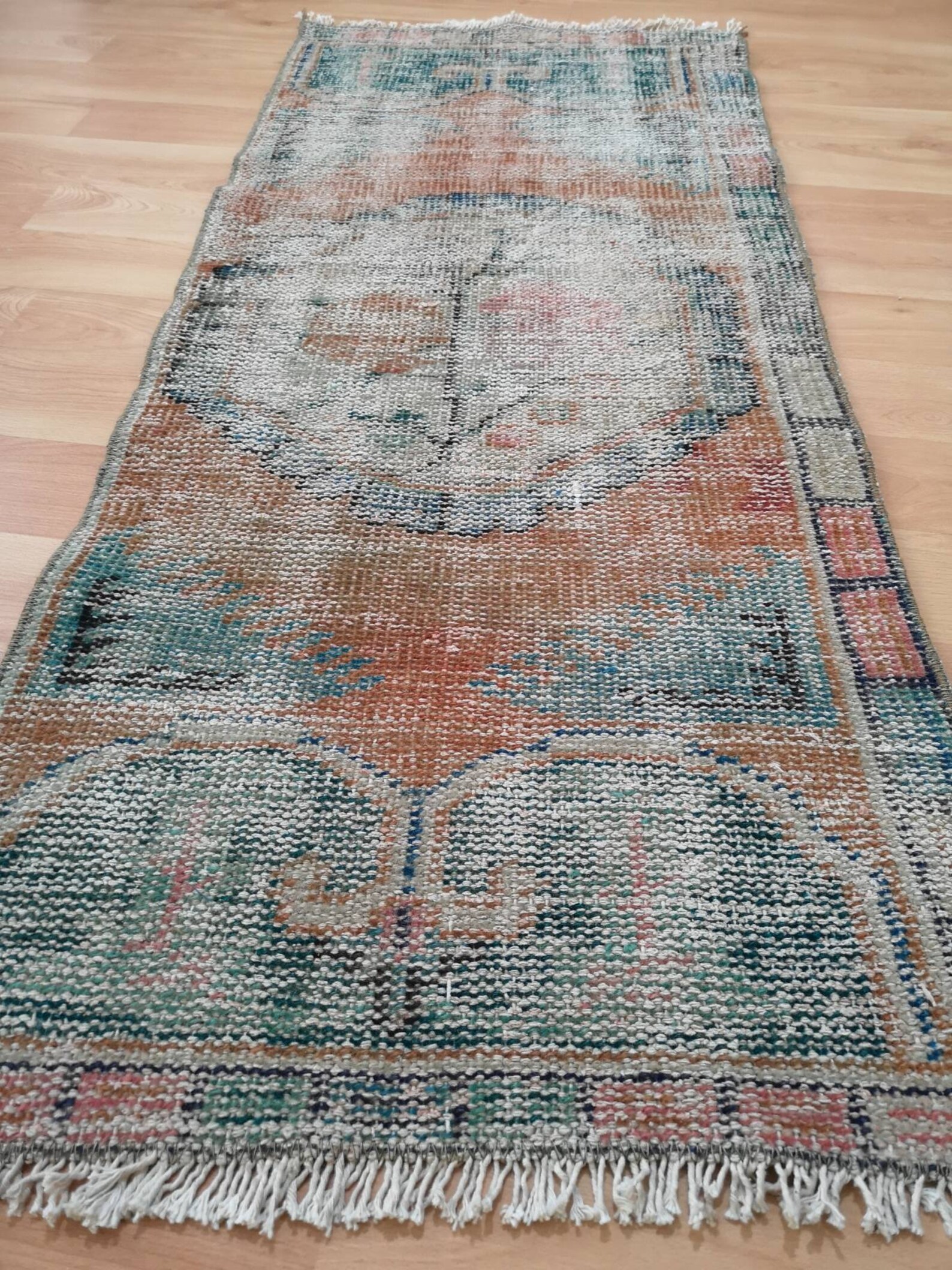 Handmade Turquoise Turkish Rug, Small Vintage Faded Area Rug (1.7' X 4. ...