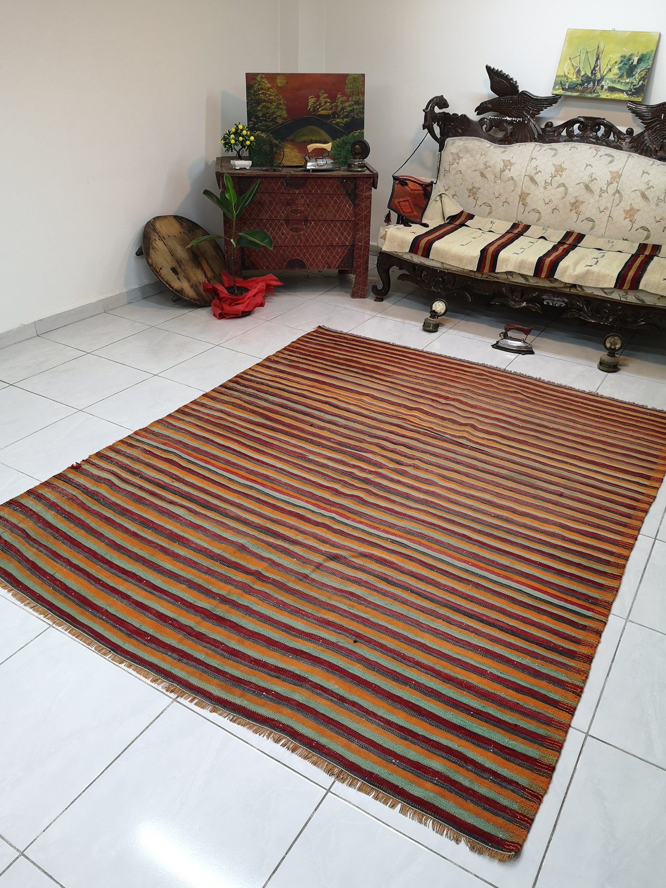 ヴィンテージトルコキリムラグ（6.3 x 7.7フィート）、オレンジ