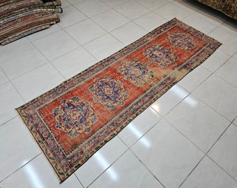 Handmade Orange Turkish Wool Runner Rug, Vintage Hallway Carpet (2.7 x 8.2 ft)