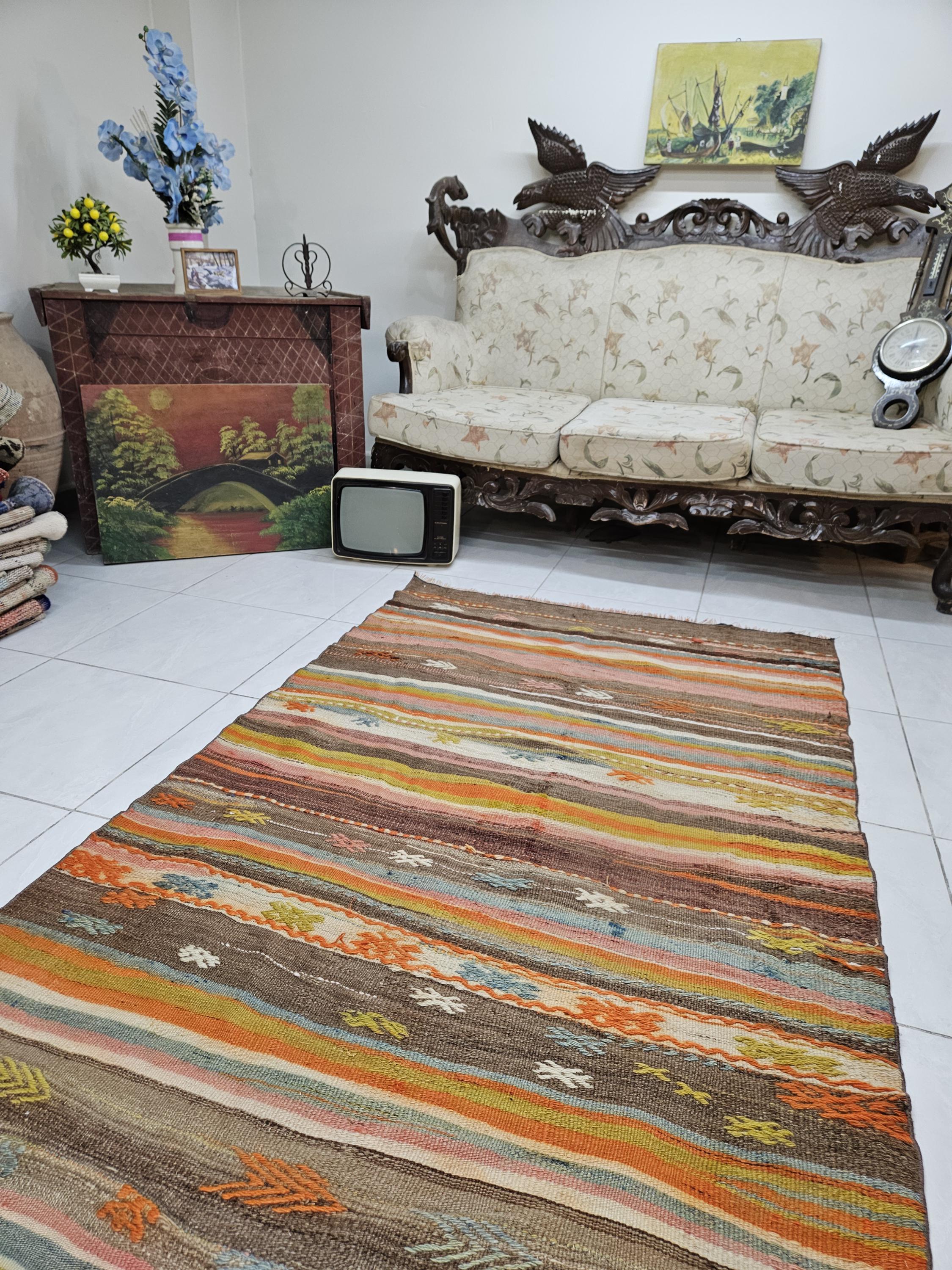 キリムラグ　ヴィンテージラグ　オレンジ　イエロー　ブラウン ヴィンテージ風キリムラグ TOCORU Series 