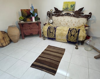 Brown Turkish Kilim Rug 2.2 x 3.7 ft, Vintage Wool Rug