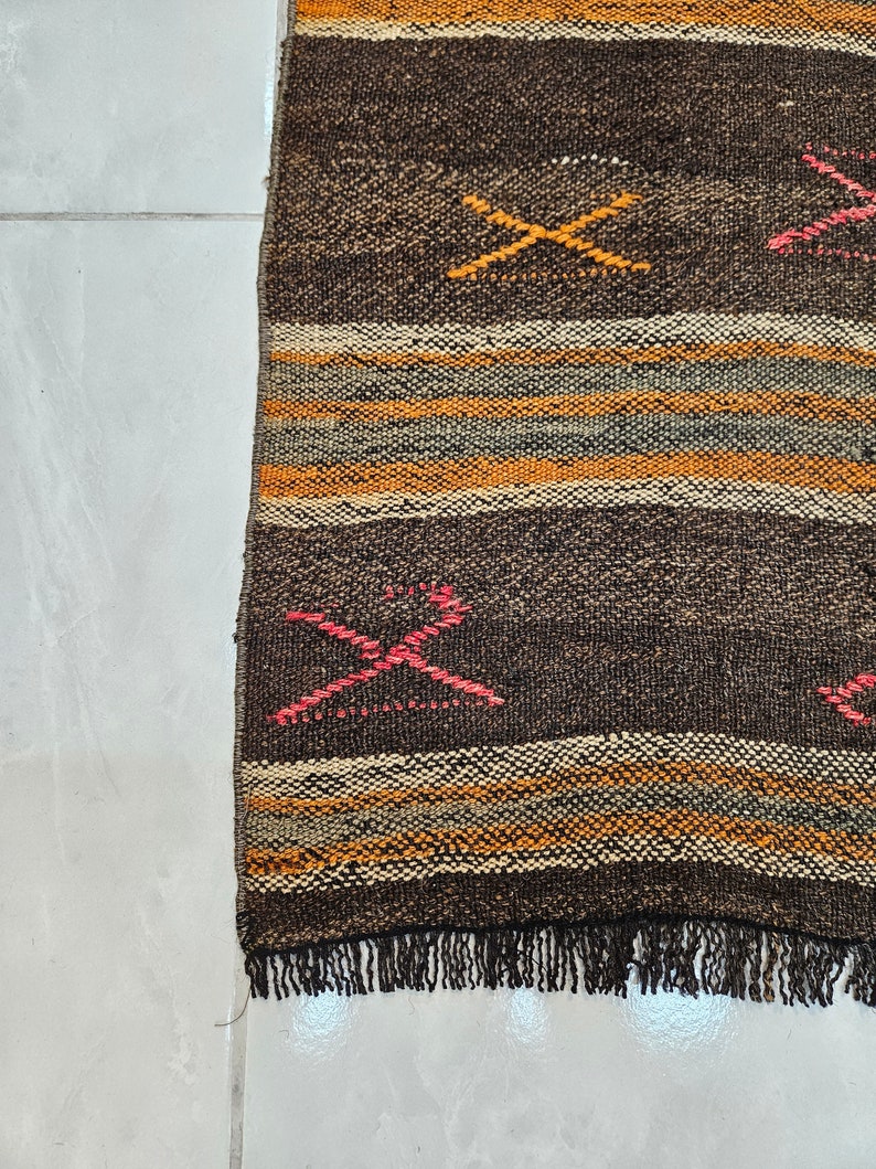 Small kilim rug 2 x 4.3 ft Orange striped rug Old rug for living room Handmade wool rug Turkish kilim rug Brown kilim rug Small brown rug image 4