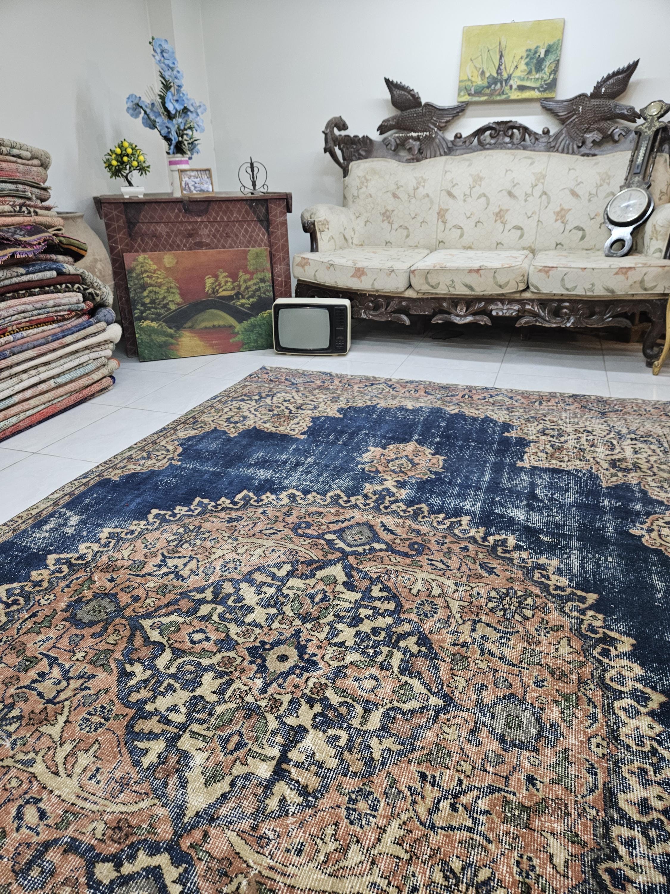 Large Vintage Turkish Rug, 5.7x11.3 Ft, Navy Blue Beige Medallion
