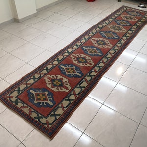 Turkish runner rug 3 x 13.4 ft Anatolian runner rug Pink hallway runner Handmade pink rug Bohemian kitchen rug Wool runner rug Old cute rug