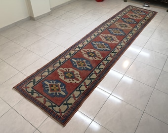 Handmade Wool Turkish Runner Rug, Pink Bohemian Hallway Rug (3x13.4 ft)