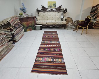 May include: A colourful, handwoven runner rug with geometric patterns in shades of red, blue, brown, and beige. The rug is laid out on a tiled floor in a room with furniture.