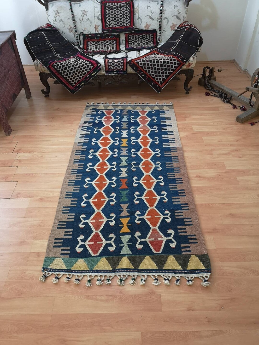 Vintage Turkish Kilim Rug 3.4x6.8 Ft, Blue Tribal Wool Area Rug - Etsy