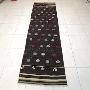 2.7 x 10.2 ft Turkish runner rug Long kilim rug Black hallway runner Handmade kilim rug Animal hair rug for living room Vintage runner rug