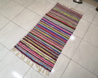 Striped Kilim Rug, Colorful Turkish Bath Mat (2.2 x 4.5 ft)