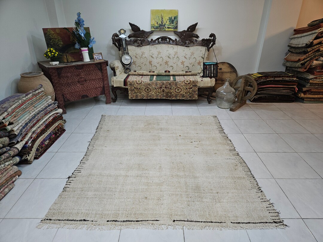 Turkish Hemp Rug, 5.9 X 6.6 Ft Rug for Living Room, Natural Hemp Rug ...