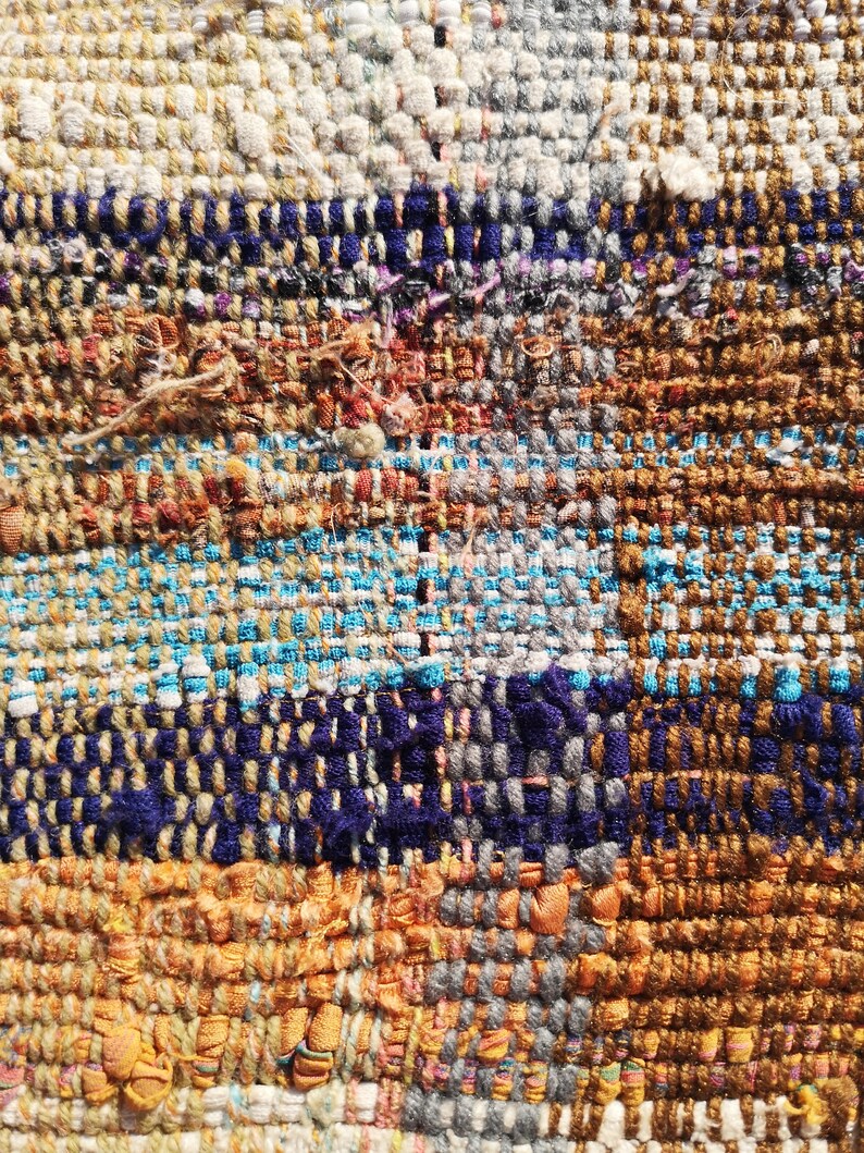 May include: Close-up of a woven tapestry with a variety of colors, including brown, blue, white, and gray. The tapestry is made of different types of yarn and has a textured surface.