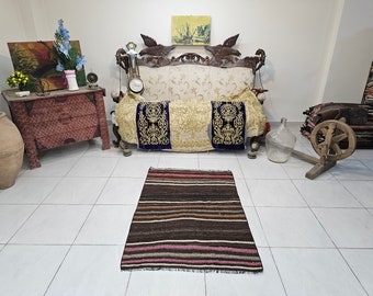 Vintage Turkish Kilim Rug (3 x 4.1 ft) – Striped Wool Rug